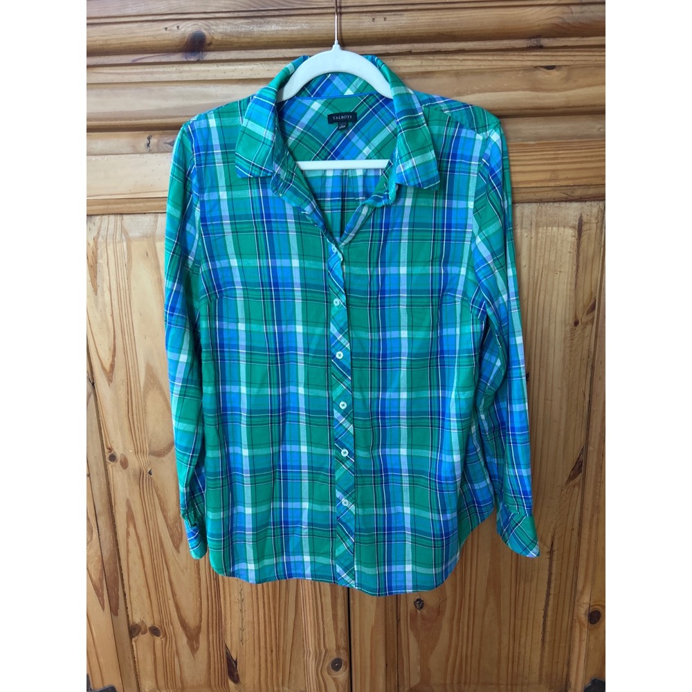Talbots Womens Green Blue Plaid Button Down Shirt Long Sleeve Cotton Rayon L